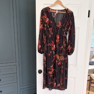 Xhilaration Navy and Red Floral Long Sleeve Dress